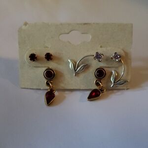 3 pairs vintage Earrings - post, drop and dangle in red, gold and silver